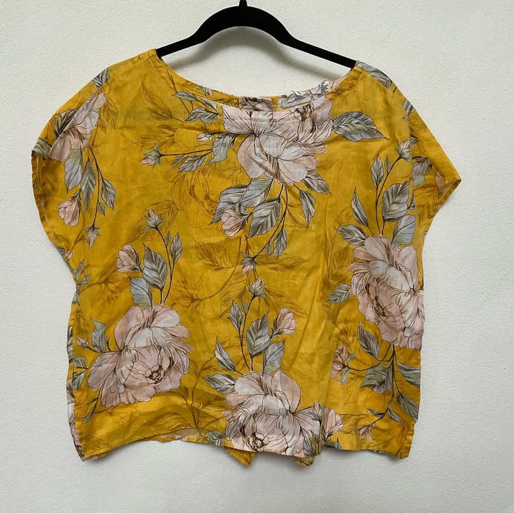Nicole Miller Yellow 100% Linen Floral Print Cropped Top Size Medium Spring